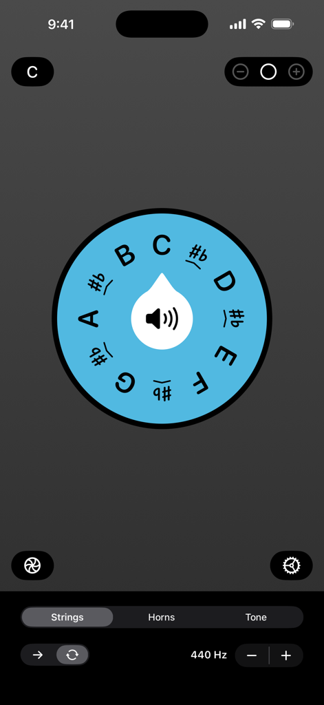 Onyx: Pitch Pipe - Onyx Pitch Pipe mobile app interface featuring a circular note selector and frequency controls