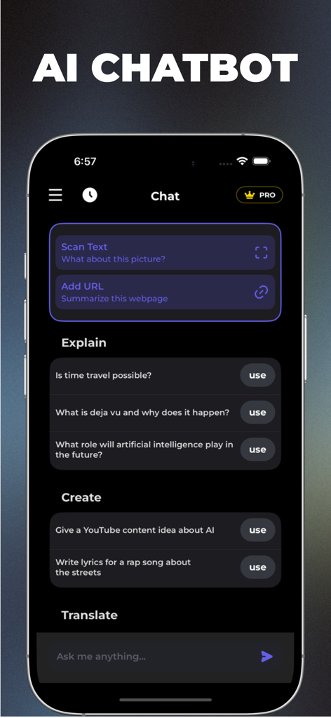 AI Video Generator Astoria - Interfaz del chatbot de la aplicación Astoria AI con indicaciones creativas y funciones de escaneo de texto