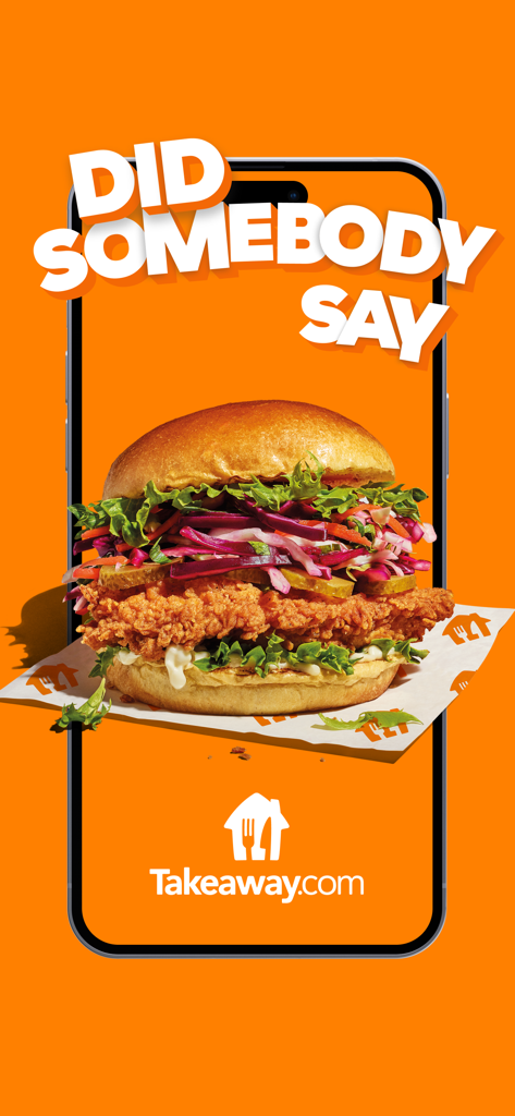 Um hambúrguer crocante de frango frito com salada colorida e picles exibido dentro da moldura de um smartphone em um fundo laranja brilhante para o Takeaway.com