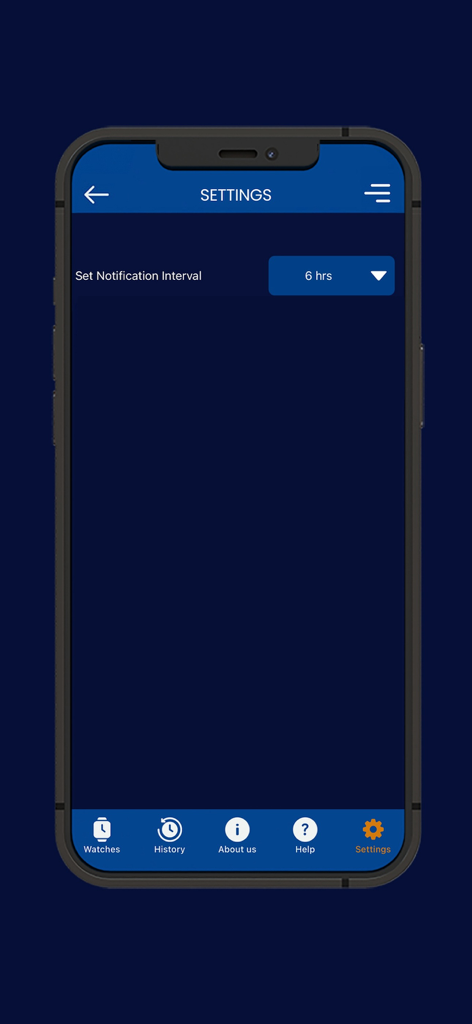 Watch Accuracy Checker - Der Einstellungsbildschirm der Watch Accuracy Checker App zeigt die Auswahl des Benachrichtigungsintervalls.