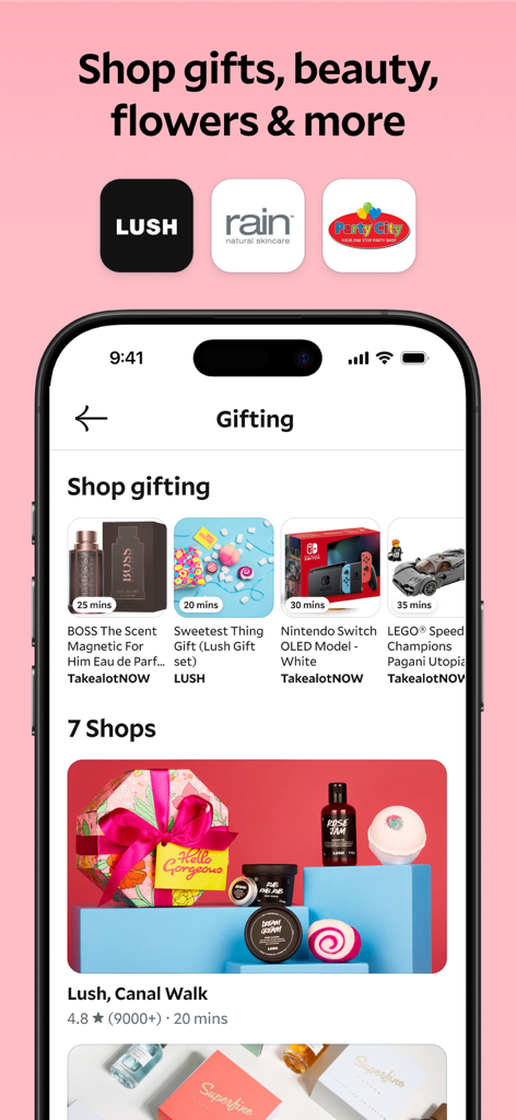 Mr D - Groceries & Takeaway - A mobile phone screen displaying the Mr D app gifting section with products from Lush and other retailers.