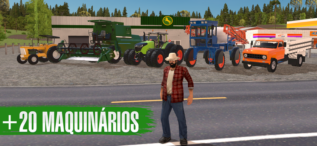 Farming Sim Brasil - A farmer standing in front of various agricultural vehicles including tractors harvesters and trucks