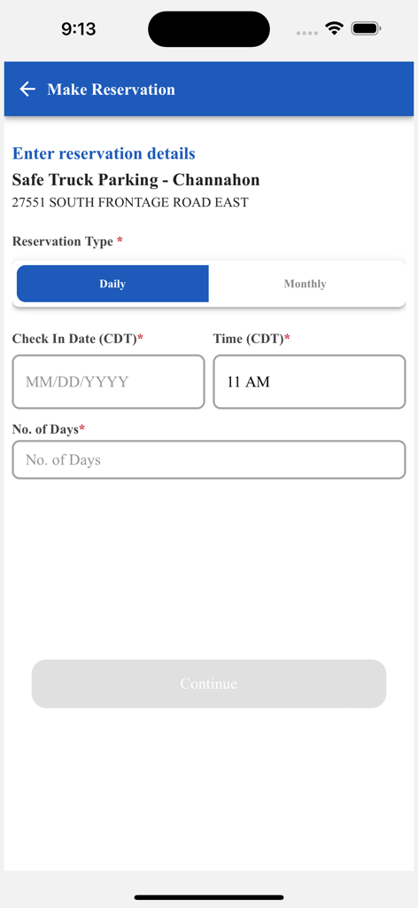 Safe Truck Parking - Reservation screen for Safe Truck Parking showing daily or monthly options for a location in Channahon