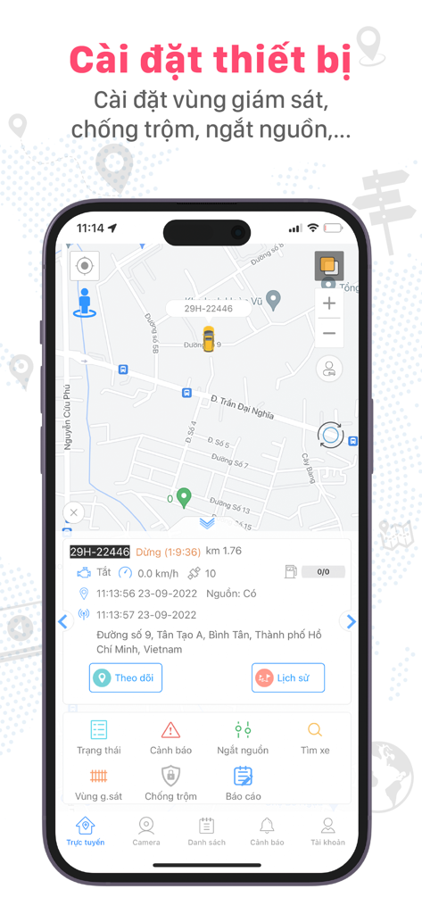 T-Track Pro mobile App-Oberfläche zeigt den Echtzeit-GPS-Standort eines Fahrzeugs auf einer Karte mit Sicherheits- und Diebstahlschutzfunktionen an.