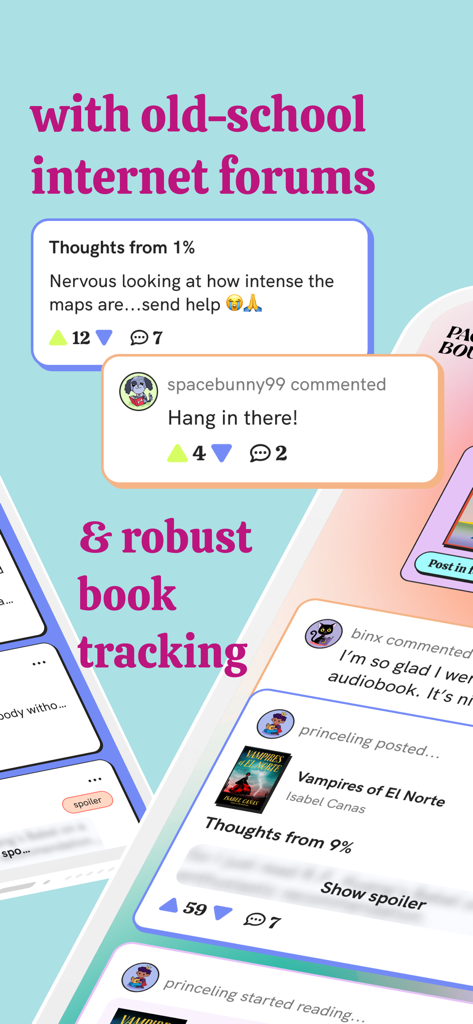 Pagebound: Social Book Tracker - Pagebound app interface featuring book discussion forums and reading progress tracking.