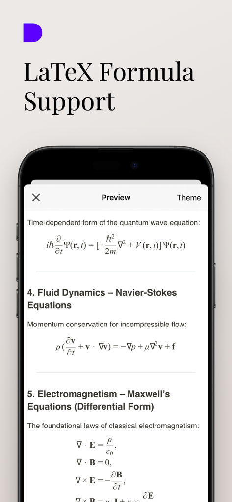 AI Markdown Formatter: OneText - OneText app interface displaying rendered LaTeX scientific formulas and equations for physics and mathematics.