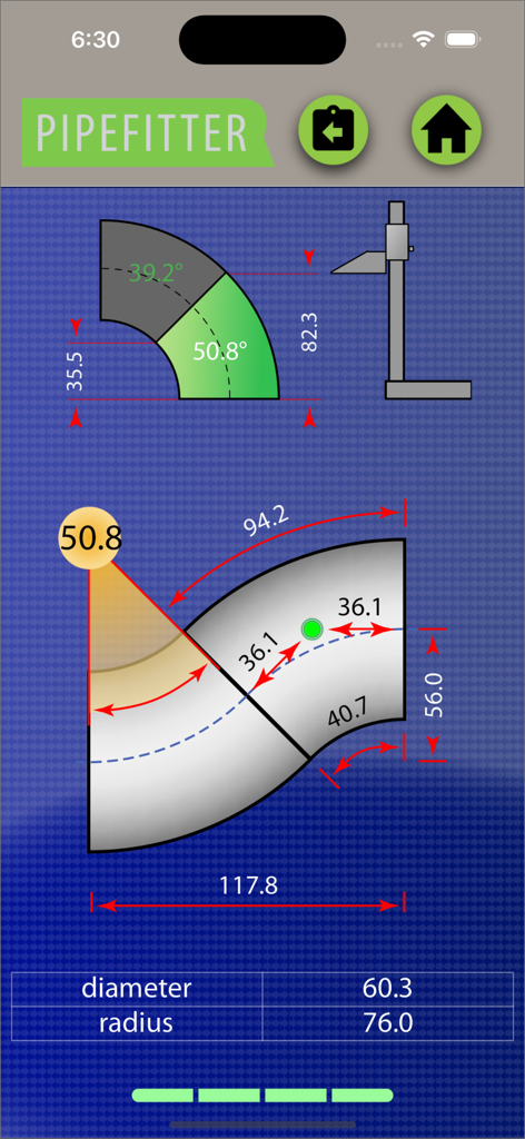 Pipefitter app screen showing technical diagrams for pipe offset calculations with measurements.