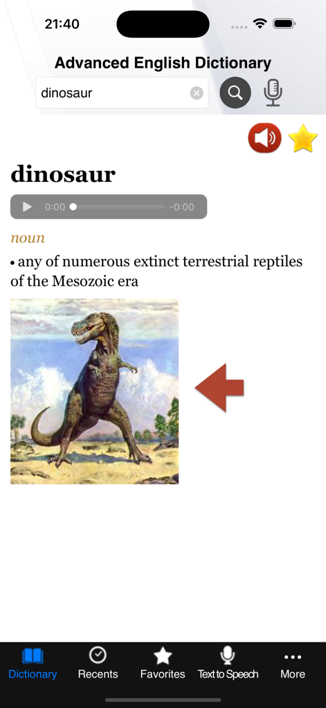 Advanced English Dictionary app screen showing the definition and an illustration of a dinosaur