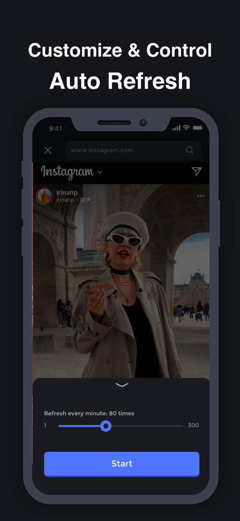 Auto Clicker app interface showing auto refresh frequency settings on an iPhone