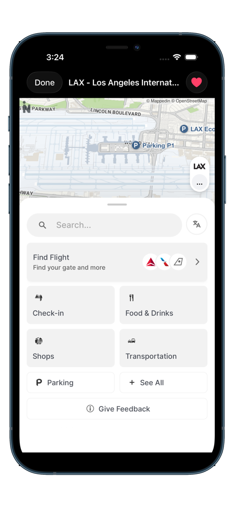 Airport Maps For Travelers - Interface showing LAX airport map and menu for finding terminal services like food and shops