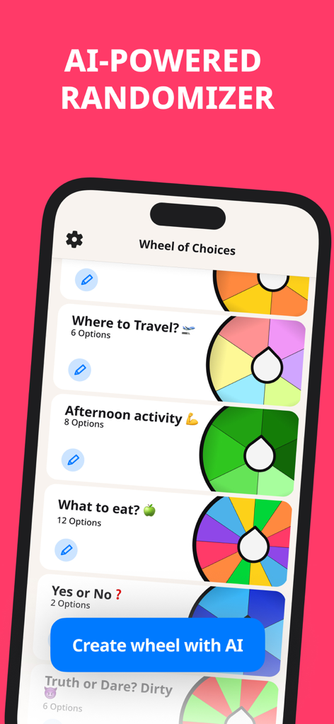 Interface of the Spin Roulette app showing a list of decision wheels and a button to create wheels using AI.