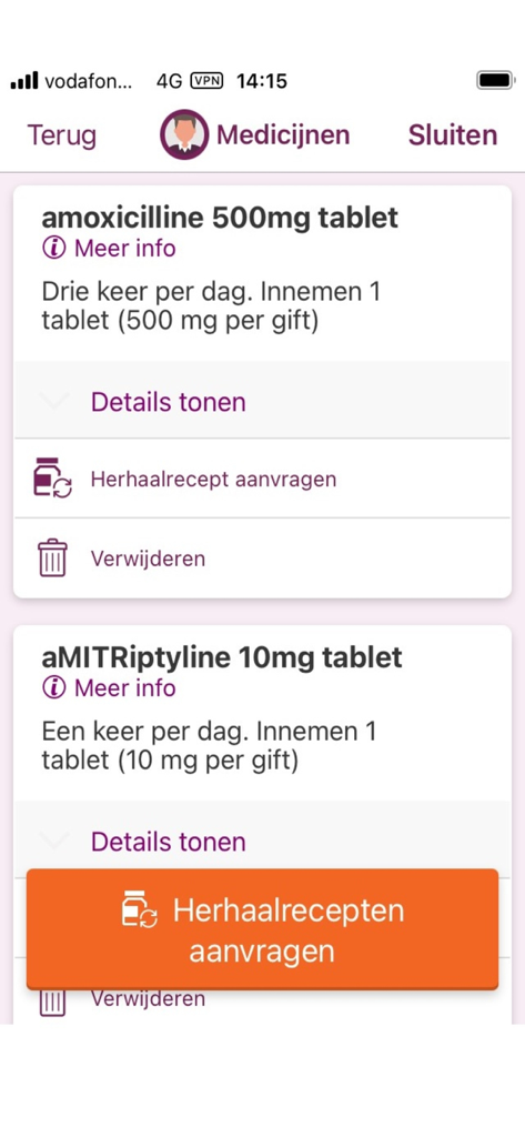 Mijn Antonius - Medication overview screen in the Mijn Antonius app showing current prescriptions and an option to request refills.