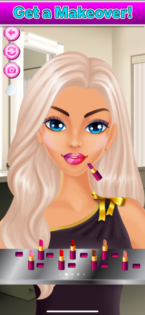 A blonde girl model applying colorful lipstick in the Makeup Girls fashion game makeover screen