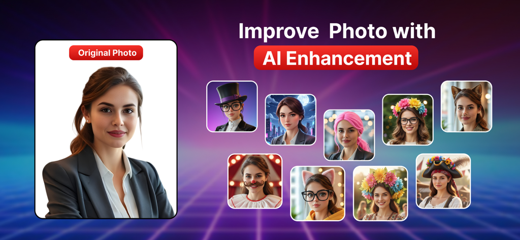 Una foto original de una mujer transformada en varios estilos creativos de IA como pirata, con coronas florales y diferentes colores de cabello