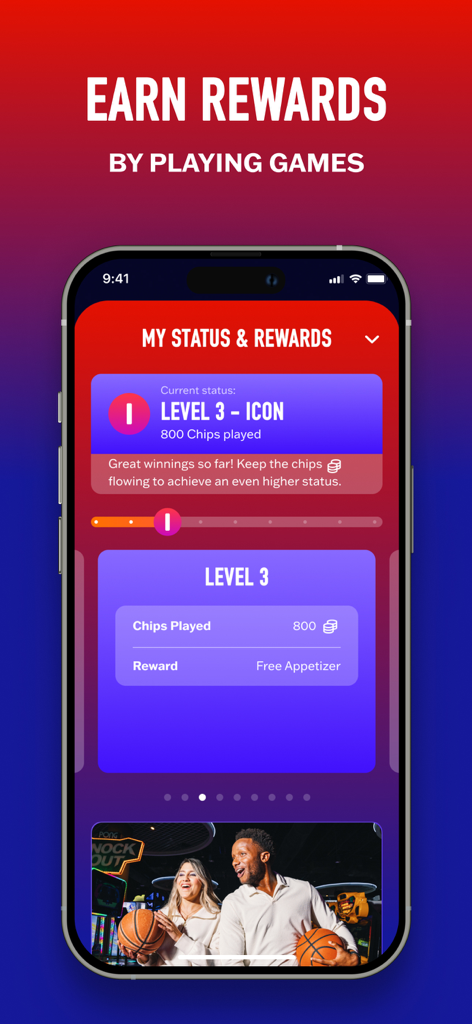 Dave and Buster's Rewards App zeigt Stufe 3 Icon-Status und gespielte Chips.