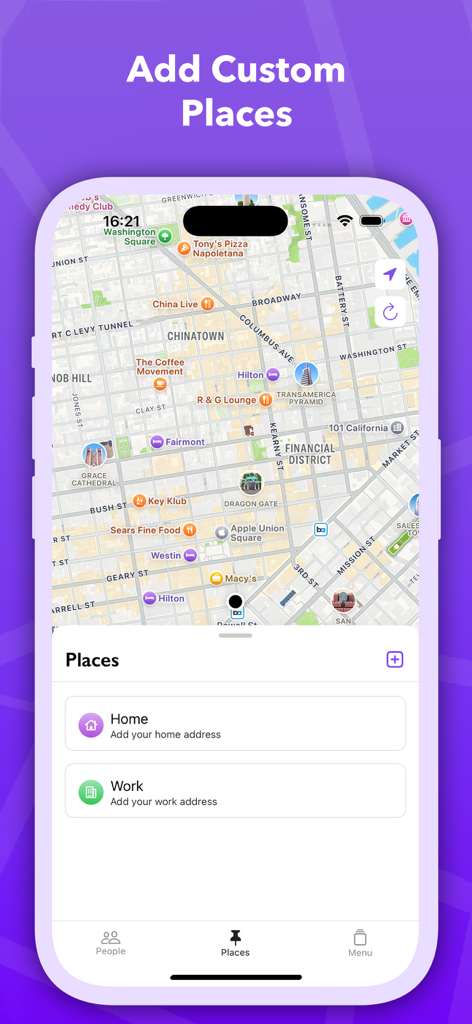 SpyNger: Find Family & Friends - SpyNger app screen showing a map and options to add custom places like home and work