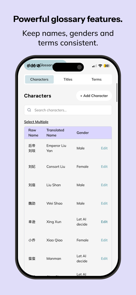 Interfaccia dell'app OpenNovel che mostra il glossario di traduzione intelligente per nomi e generi dei personaggi.