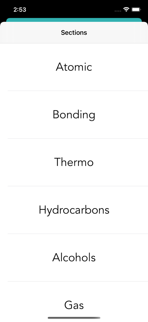 Leaving Cert Chemistry 2025 - A list of chemistry study sections including Atomic, Bonding, Thermo, Hydrocarbons, Alcohols, and Gas in the app menu.