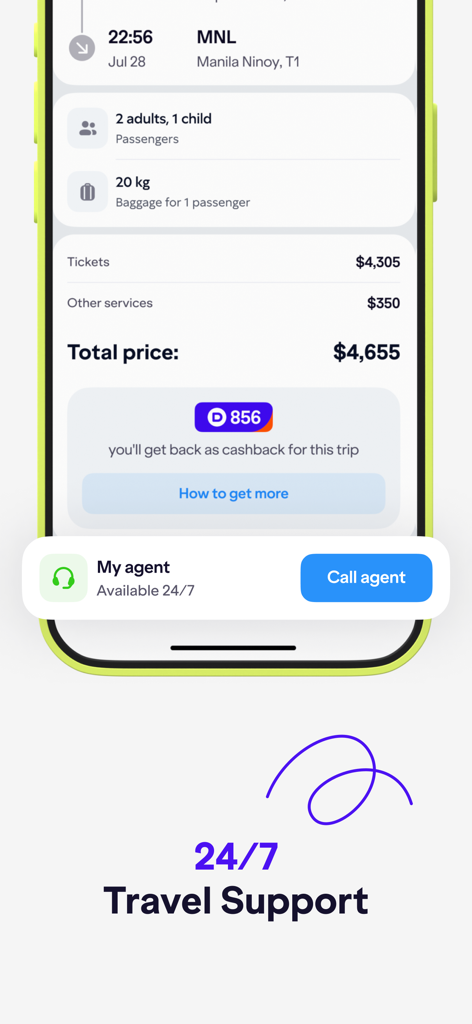Dreampass - Dreampass app interface with flight booking details and 24/7 travel support button