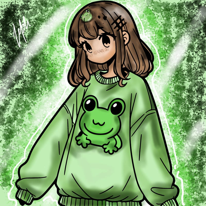 girl wearing frogging sweatshirt