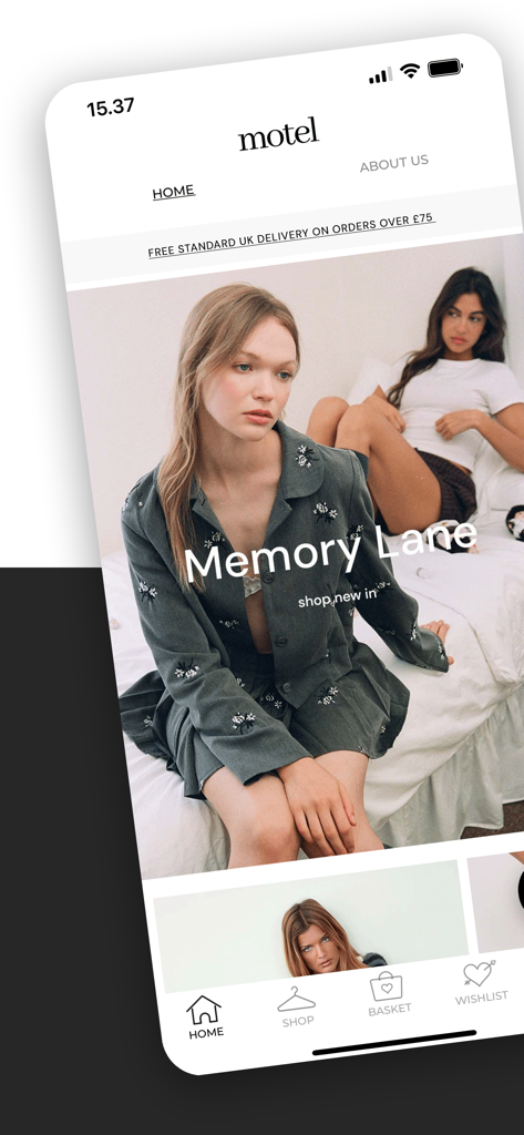 Motel Rocks - Motel Rocks mobile shopping app home screen featuring a vintage aesthetic fashion collection titled Memory Lane.