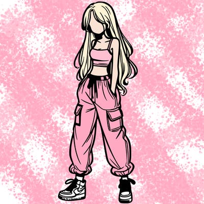 girl in baggy pants crop top and long hair