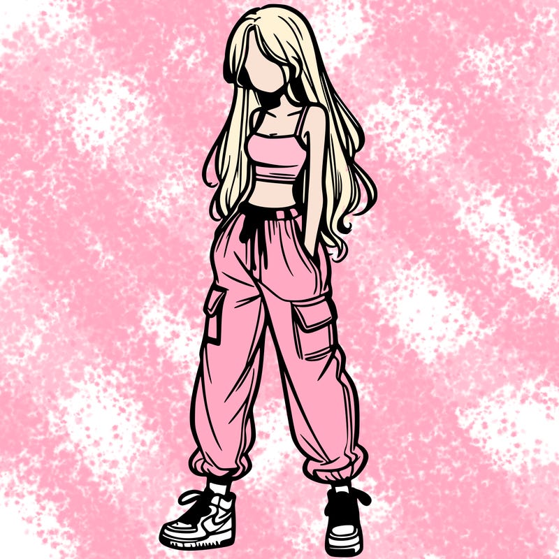 girl in baggy pants crop top and long hair