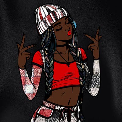 realistic teenage girl with braids and a beanie and crop top doing 🫶🏼