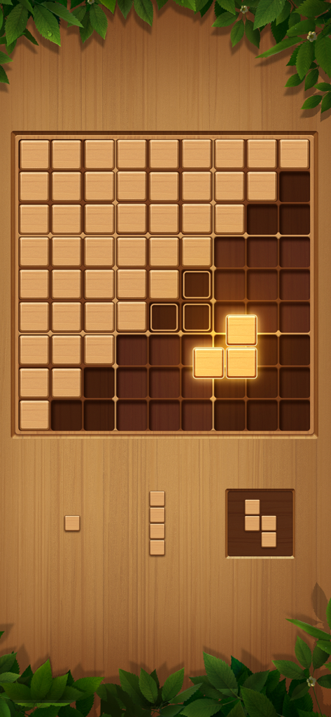 Block Puzzle-Wood Sudoku Game - Wood block puzzle gameplay showing a wooden grid board with various shaped blocks and a special storage box