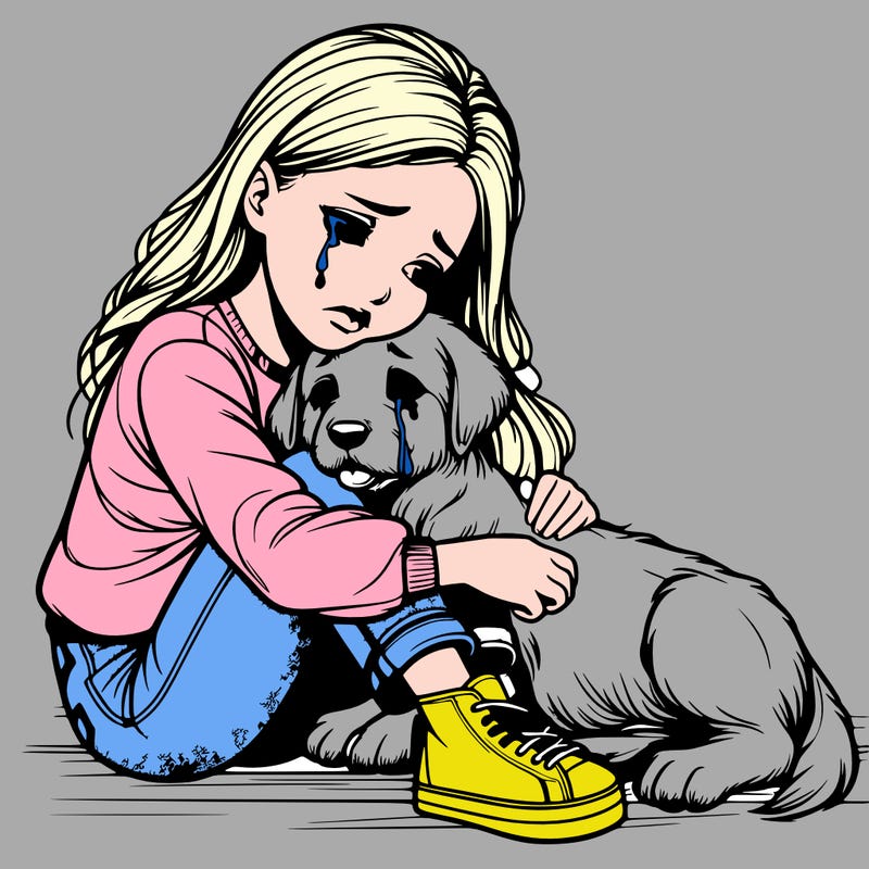 realistic girl crying with a realistic dog laying on her lap