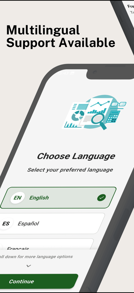 PickTips: Betting Predictions - PickTipsベッティング予測アプリの言語選択画面。英語、スペイン語、フランス語の多言語サポートを表示。