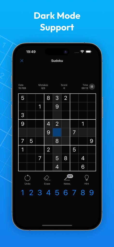 Gioco puzzle Sudoku classico con supporto per la modalità scura.