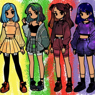 one girl with crop-top shirt and a jacket with a skirt, long socks and another girl with a shirt and pants with a jacket
