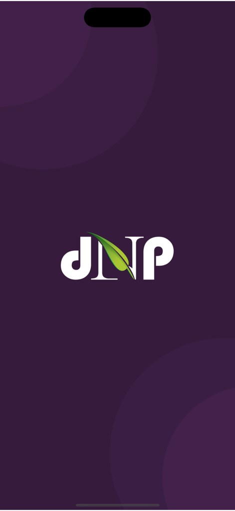 Dr Nutrition - Dr Nutrition app splash screen featuring the DNP logo with a green leaf on a dark purple background