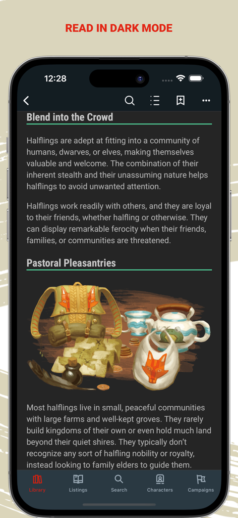 D&D Beyond - Interface do aplicativo D&D Beyond para celular em modo escuro mostrando lore de personagem e ilustrações para halflings.