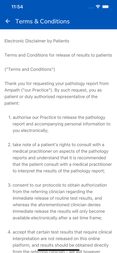 Ampath mobile app terms and conditions screen displaying patient electronic disclaimer and pathology report release policies