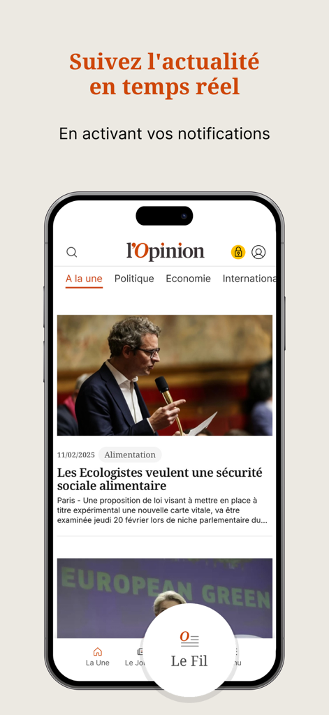 l'Opinion - リアルタイムのニュース更新とヘッドラインを表示するL'Opinionアプリのインターフェース