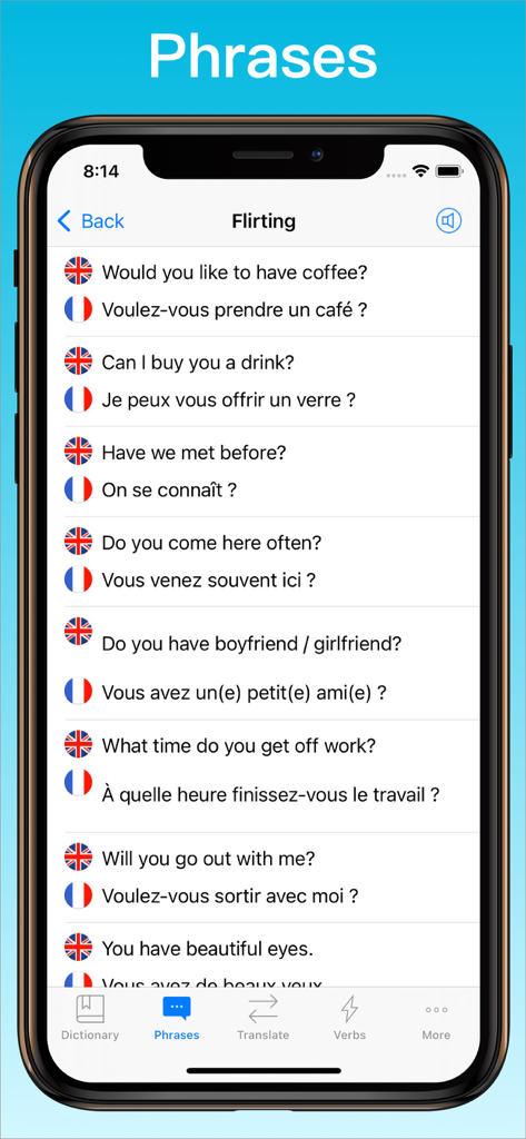 French translator app showing flirting phrases and their translations on an iPhone