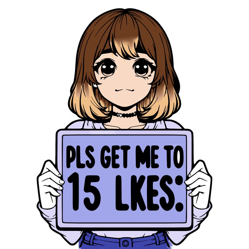 realistic girl holding up a sign that says “pls get me to 15 likes!”
