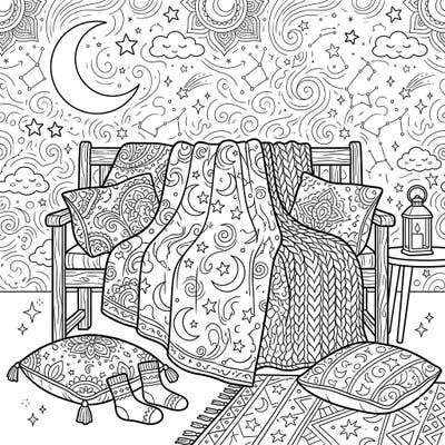 Immerse yourself in a serene night-time scene designed for teens, featuring beautifully draped throws adorned with celestial patterns. This intricate coloring page invites you to unwind and bring cozy comfort to life with your unique palette.