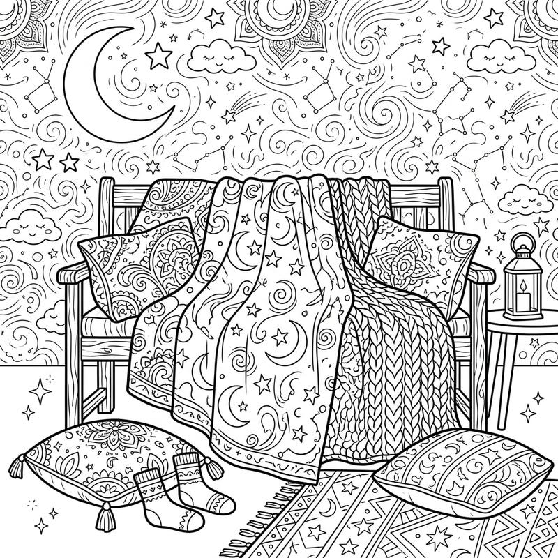 Immerse yourself in a serene night-time scene designed for teens, featuring beautifully draped throws adorned with celestial patterns. This intricate coloring page invites you to unwind and bring cozy comfort to life with your unique palette.