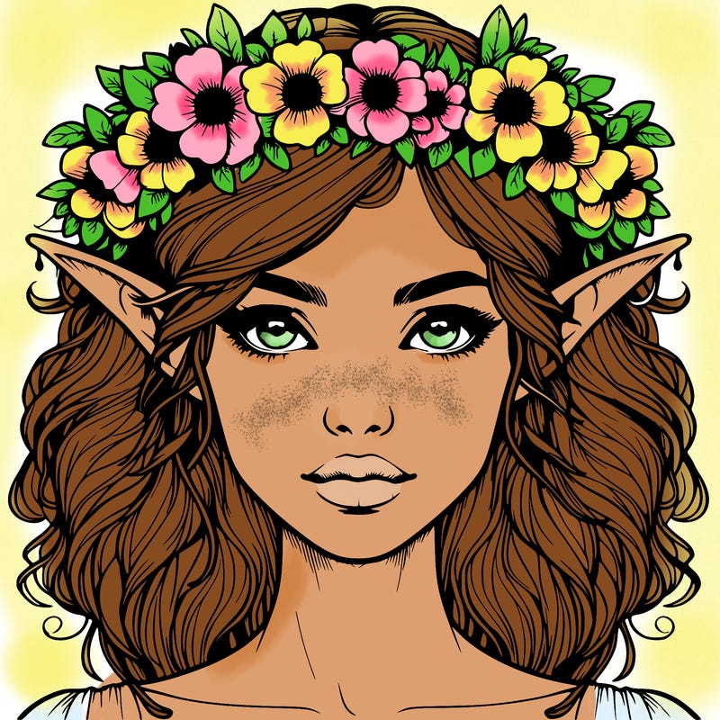 realistic female elf with flower crown