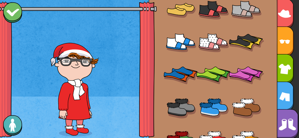 Personaje de Alfie Atkins con sombrero de Santa y gafas en una pantalla de disfraces con varias opciones de zapatos