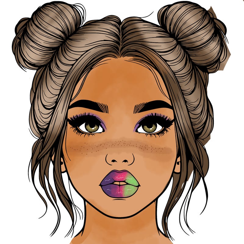 realistic girl with two buns on her hair and lips