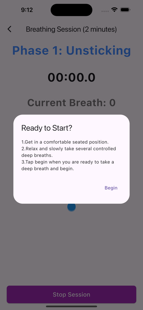 La interfaz de la aplicación Drenaje Autógeno que muestra el inicio de una sesión de respiración con una ventana emergente de instrucciones para la fase de despegue.