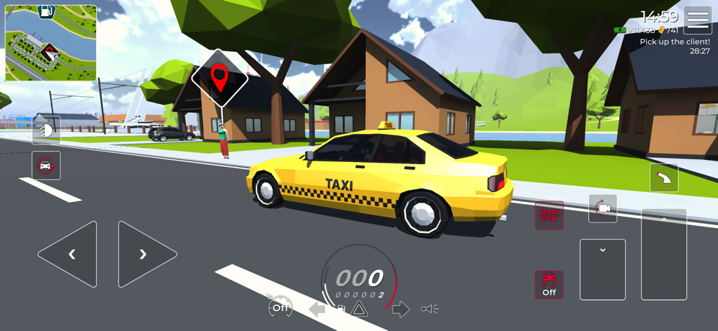 Cars LP - Extreme Car Driving - A yellow taxi driving through a low poly suburban neighborhood in a car simulator game.