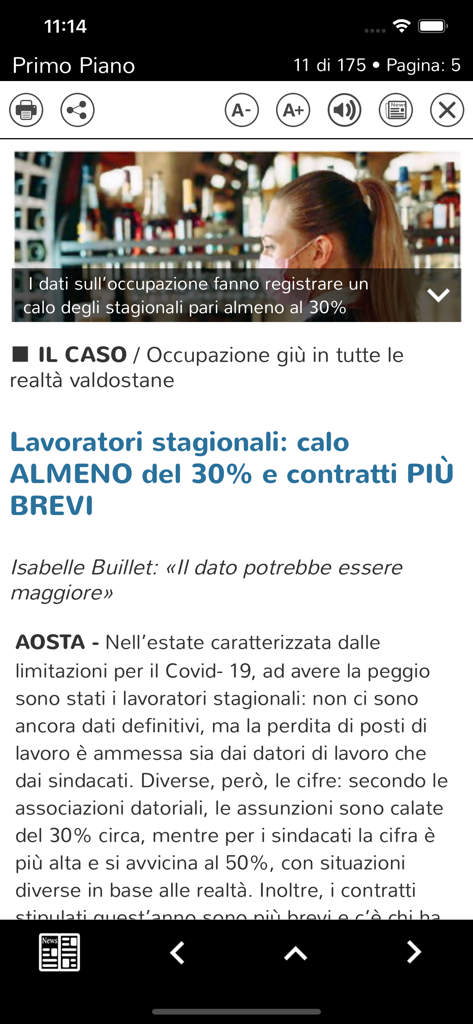 Gazzetta Matin - Valle d'Aosta - Interface of the Gazzetta Matin app displaying a local news article about seasonal workers in Valle d'Aosta