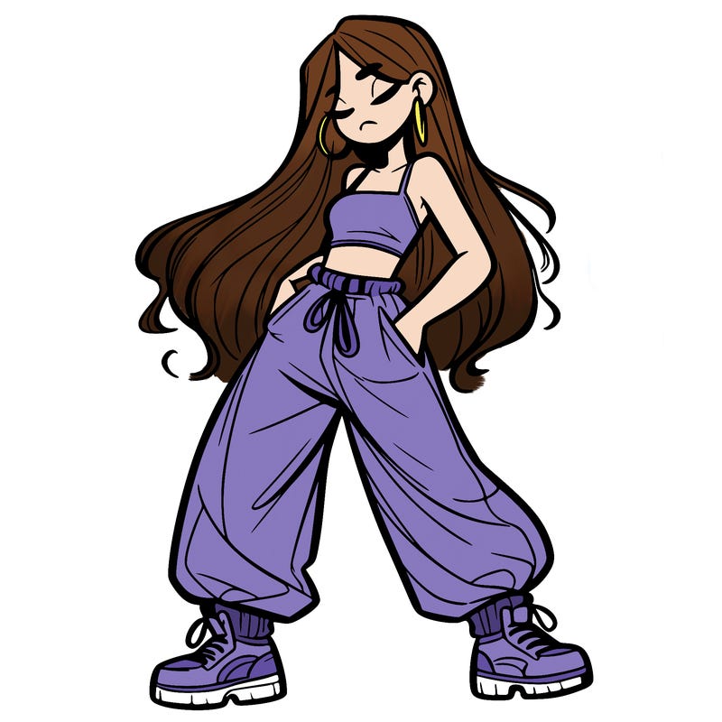 girl in baggy pants crop top and long hair