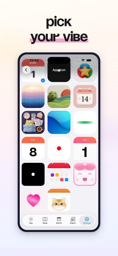 Calendar & Daily Planner - Eva - Bildschirm zur Auswahl benutzerdefinierter App-Icons im Eva Kalender und Tagesplaner, der verschiedene ästhetische Stile zeigt