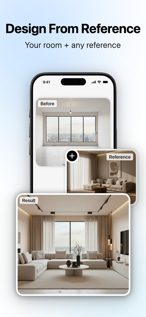 Home & Room AI Interior Design - 参照写真のインスピレーションを使用して空の部屋を再デザインしているRoomish AIアプリの機能を表示